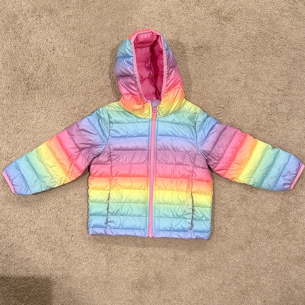 Gently used toddler Rainbow Puffer Jacket with Hood